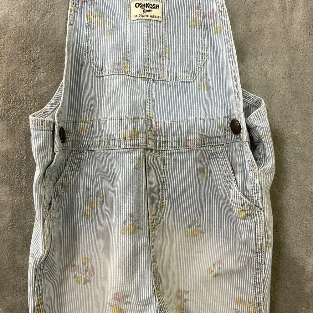 Oshkosh Floral stripes Print Denim Bib Girls Overalls Size 5T * faded pockets